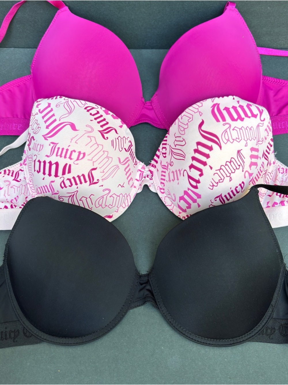 Size 38C Juicy Couture Pink Logo Bra + Hot Pink & Black Trio Set